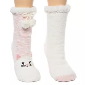 NWT Cuddl Duds Set of 2 Sherpa Lined Plush Socks with Cat Design, shoe size 4-10